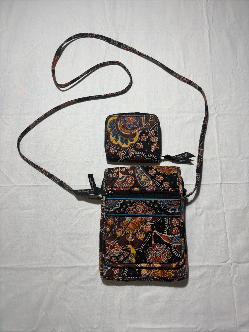Vera Bradley Java Blue Crossbody Bag & Matching Zip Wallet 2 Piece Set Quilted